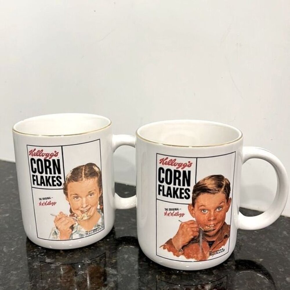 Vintage Kellogg's Kids Norman Rockwell Corn Flakes Mugs - Set of Two